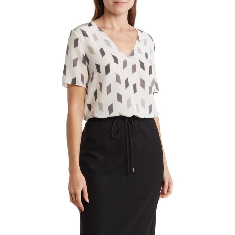 Theory Women's Brush Silk Top Blouse Short Sleeve Gray White Size Small NWOT